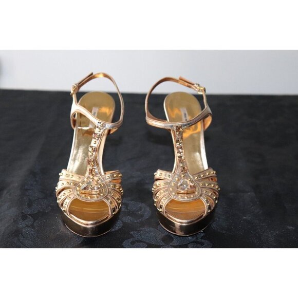 Miu Miu Womens Size 37 Gold Studded Sandals Open Toe Crystal Strap Stiletto Heel - Picture 9 of 12
